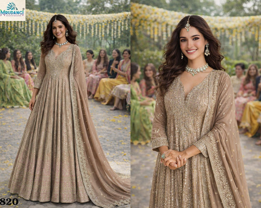 820 Devki Mrudangi Real Premium Georgette Gown Dupatta Set