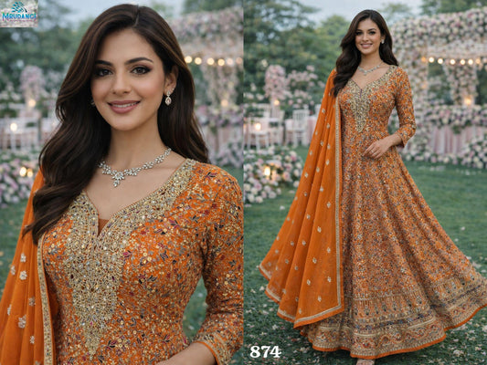 874 Fiza Vol 2 Mrudangi Premium Georgette Gown Dupatta Set