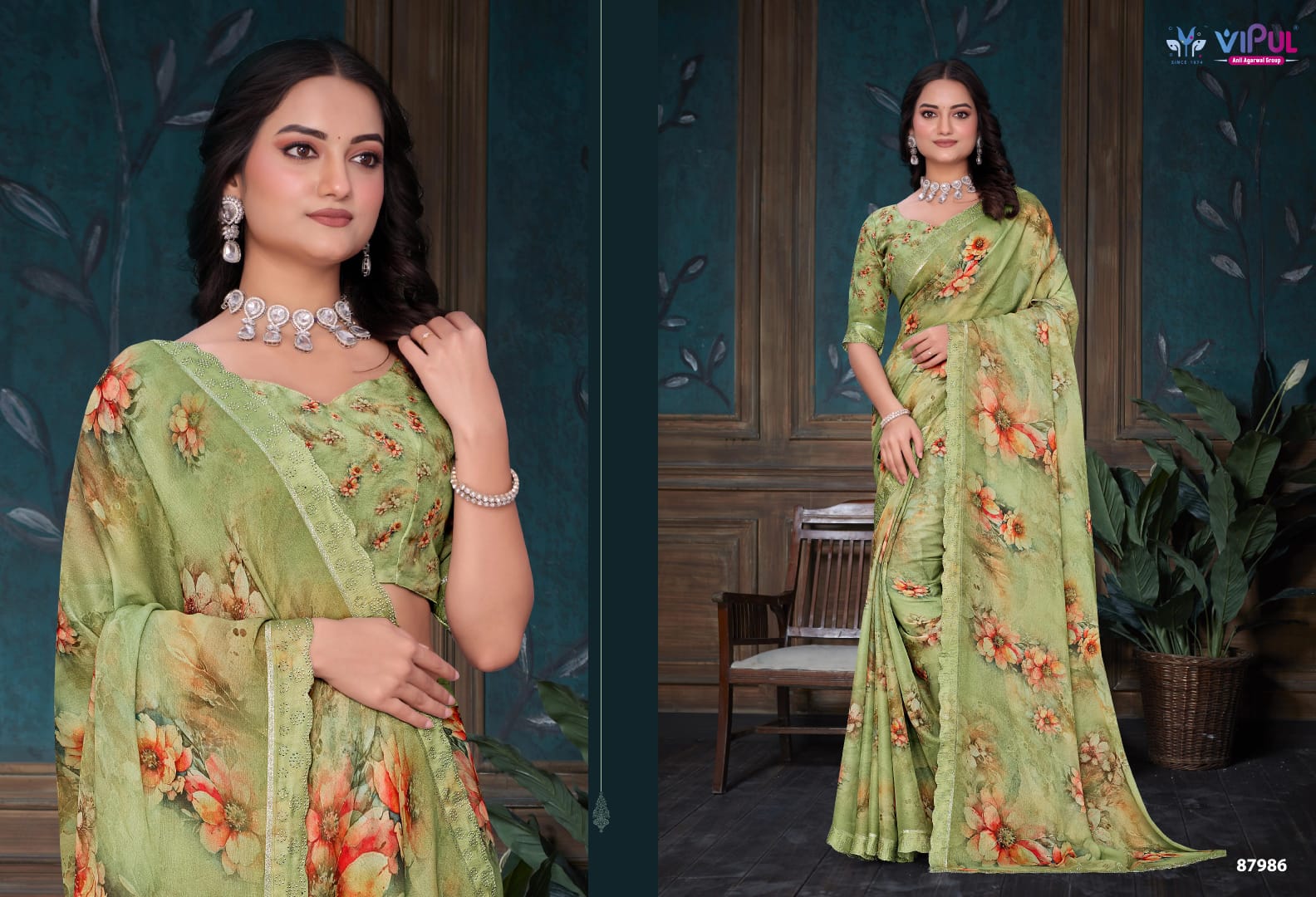87986 Estella Vipul Dull Moss Sarees