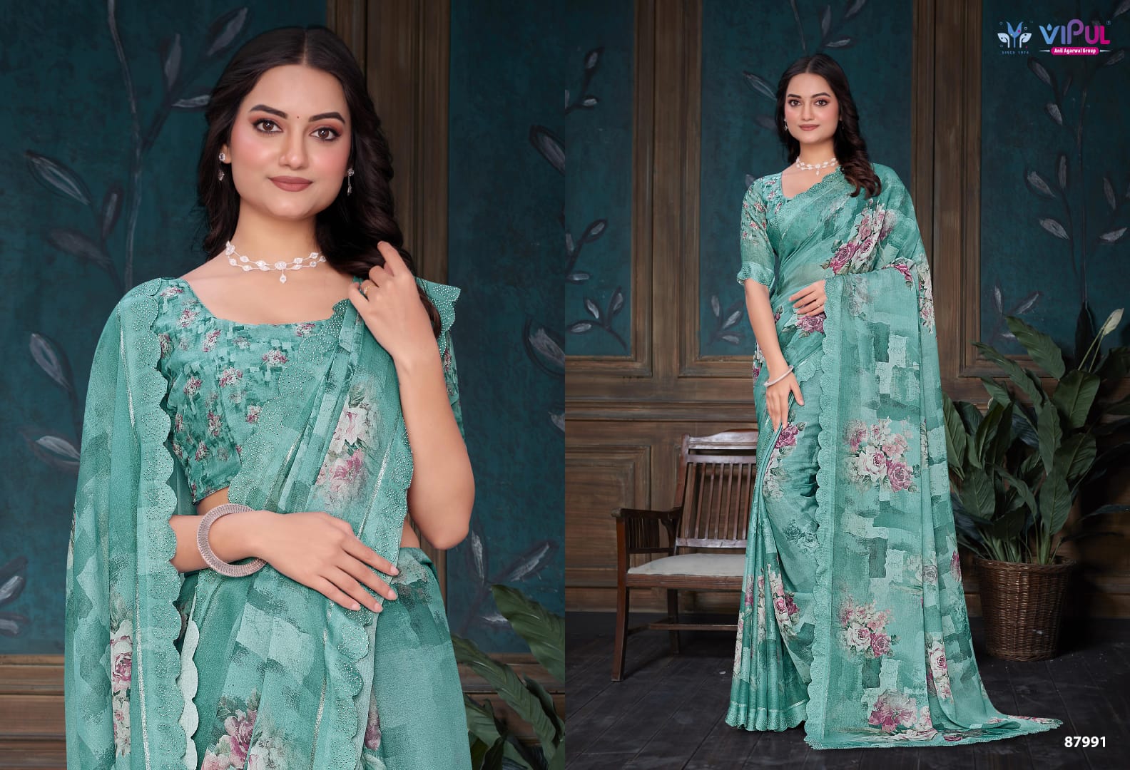 87991 Estella Vipul Dull Moss Sarees