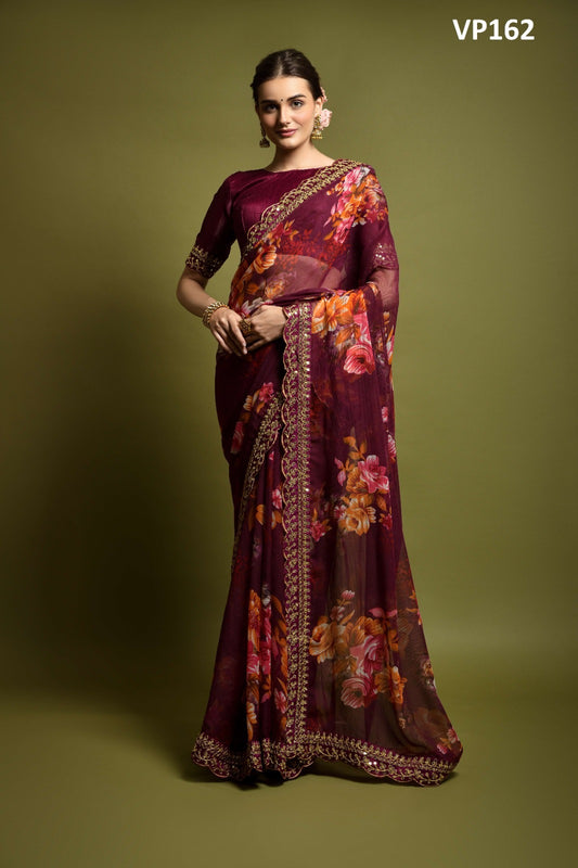 162 Velley Print Fashion Berry Sarees