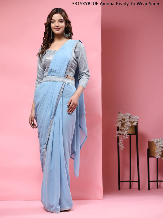 331Sky Blue Amoha Ready To Wear Saree