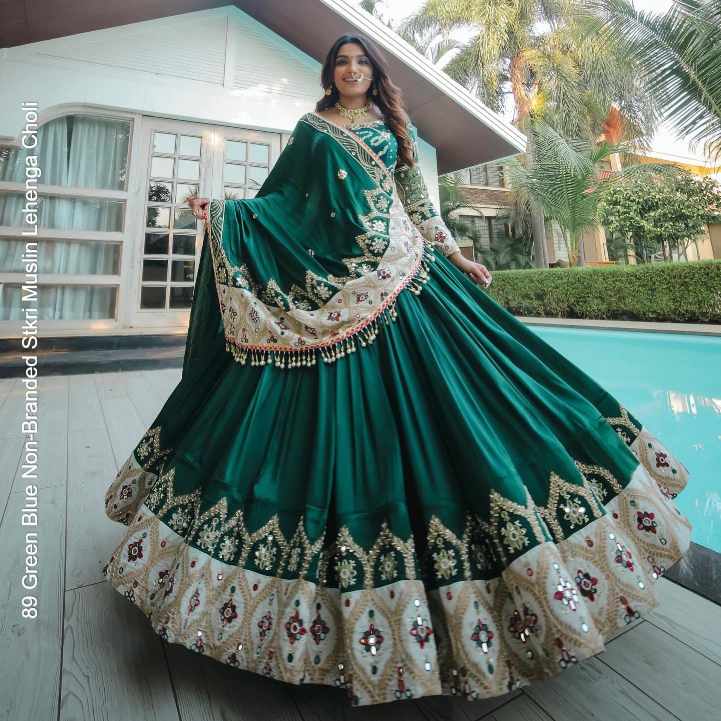 89 Green Blue Non-Branded Stkri Muslin Lehenga Choli