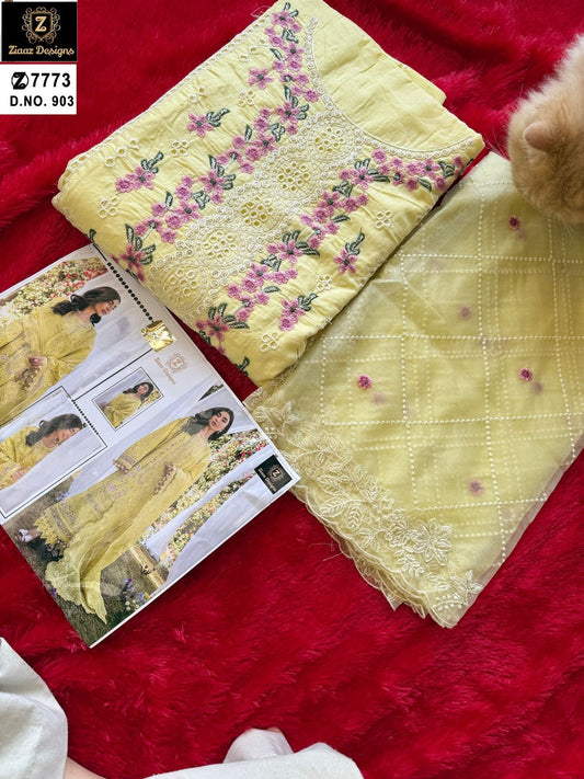 903 Yellow Ziaaz Designs Cambric Cotton Pakistani Salwar Suits