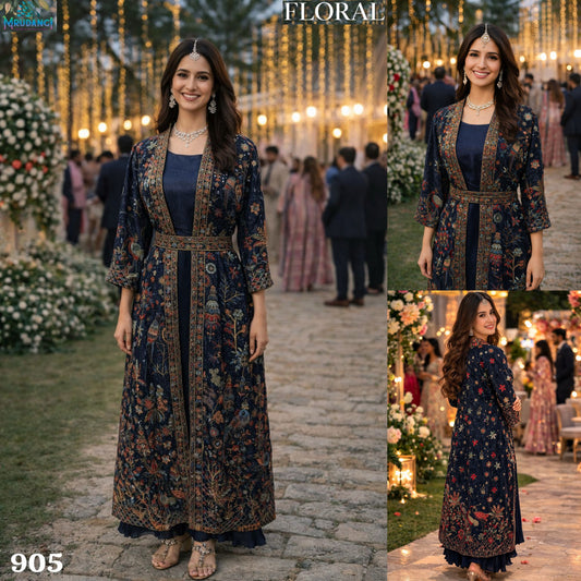 905 Floral Mrudangi Jacket Chinon Silk One Piece Gown