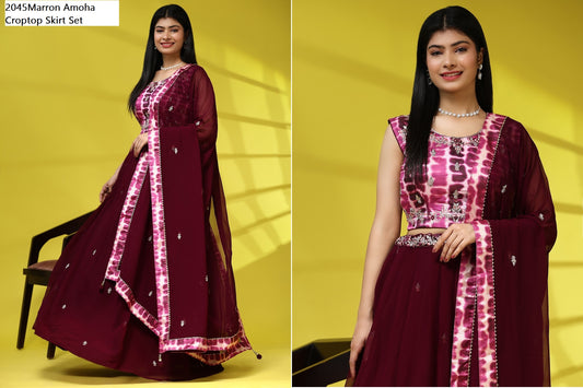 2045Maroon Amoha Croptop Skirt Set