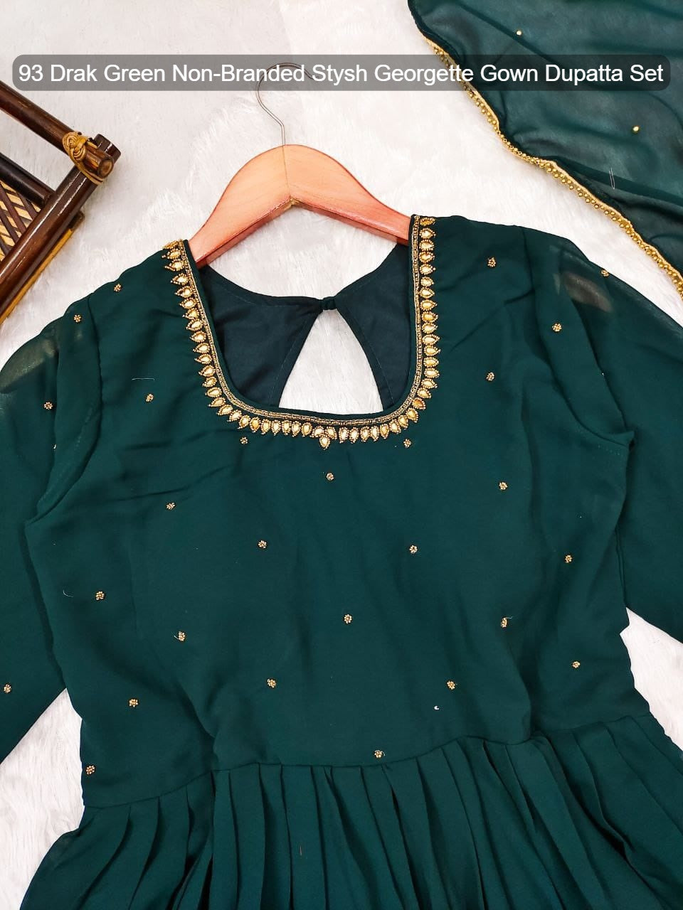 93 Drak Green Non-Branded Stysh Georgette Gown Dupatta Set
