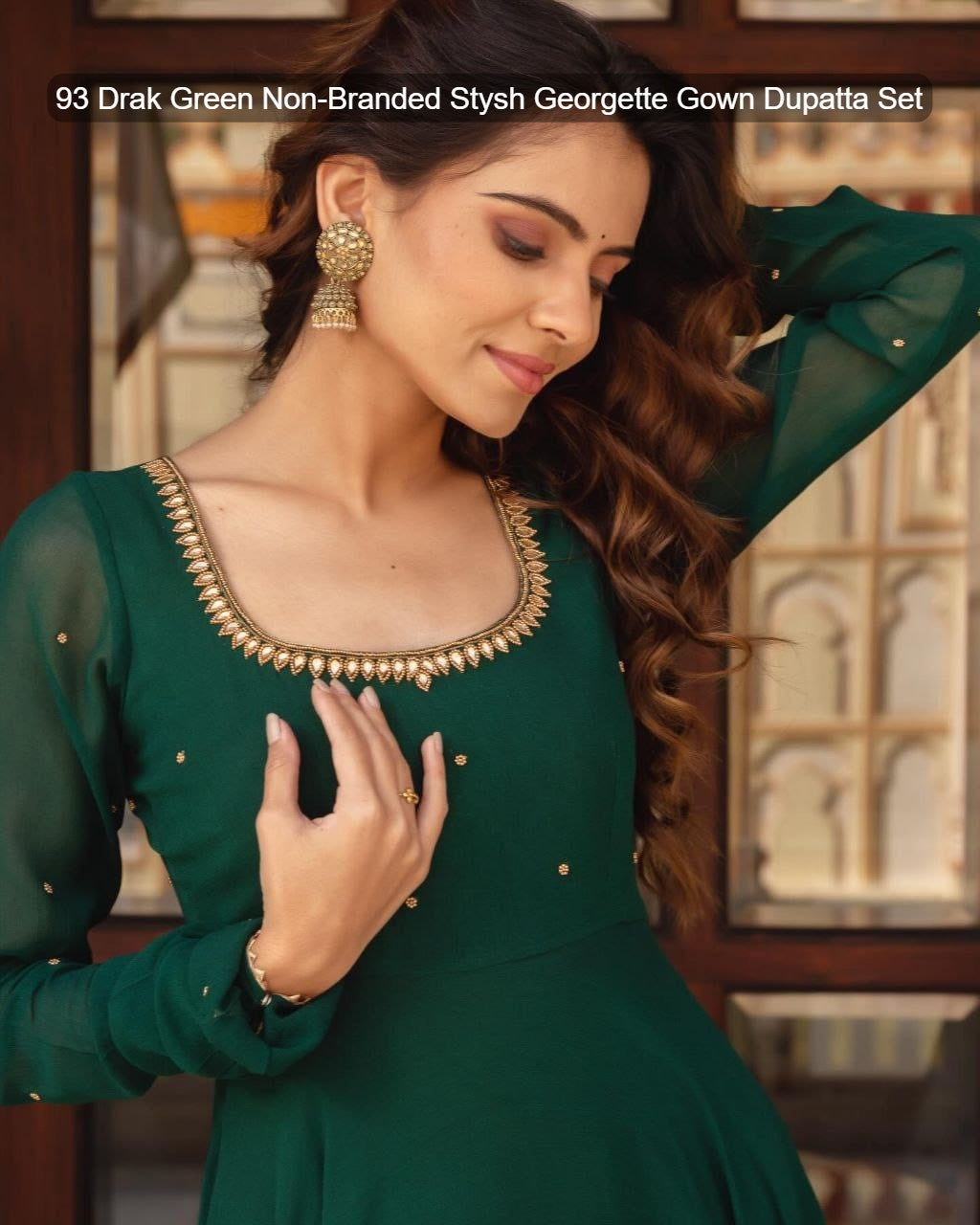 93 Drak Green Non-Branded Stysh Georgette Gown Dupatta Set