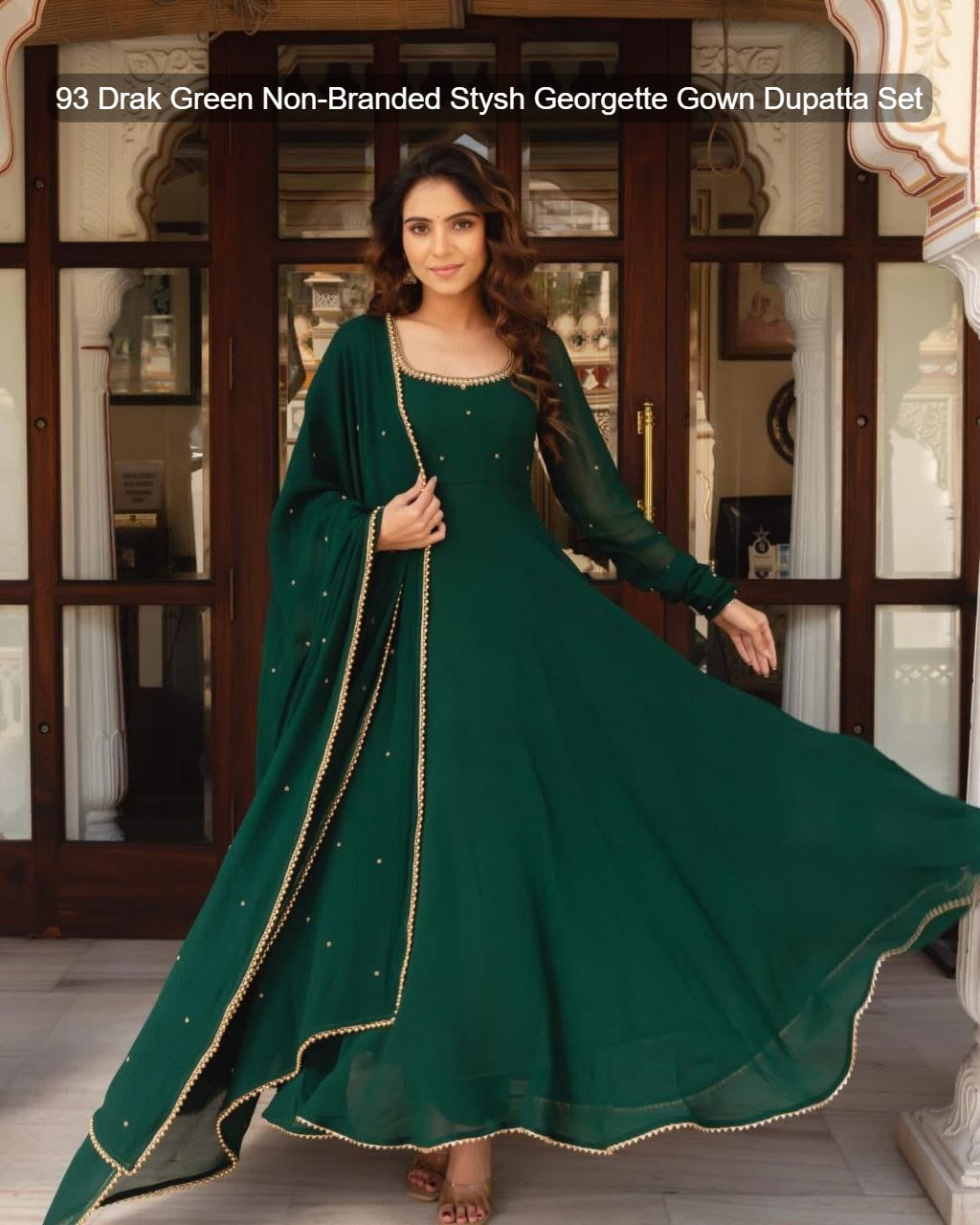93 Drak Green Non-Branded Stysh Georgette Gown Dupatta Set