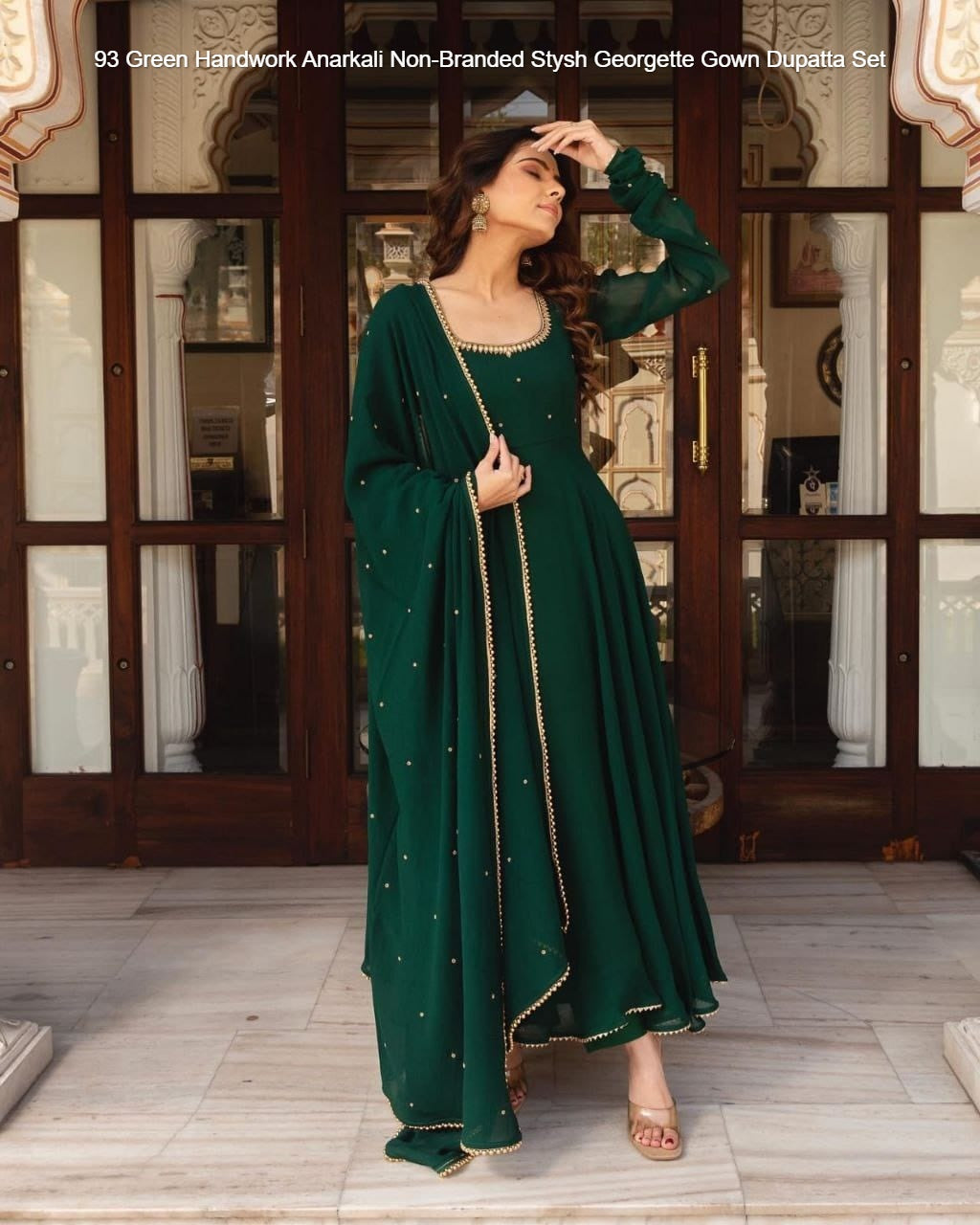 93 Green Handwork Anarkali Non-Branded Stysh Georgette Gown Dupatta Set