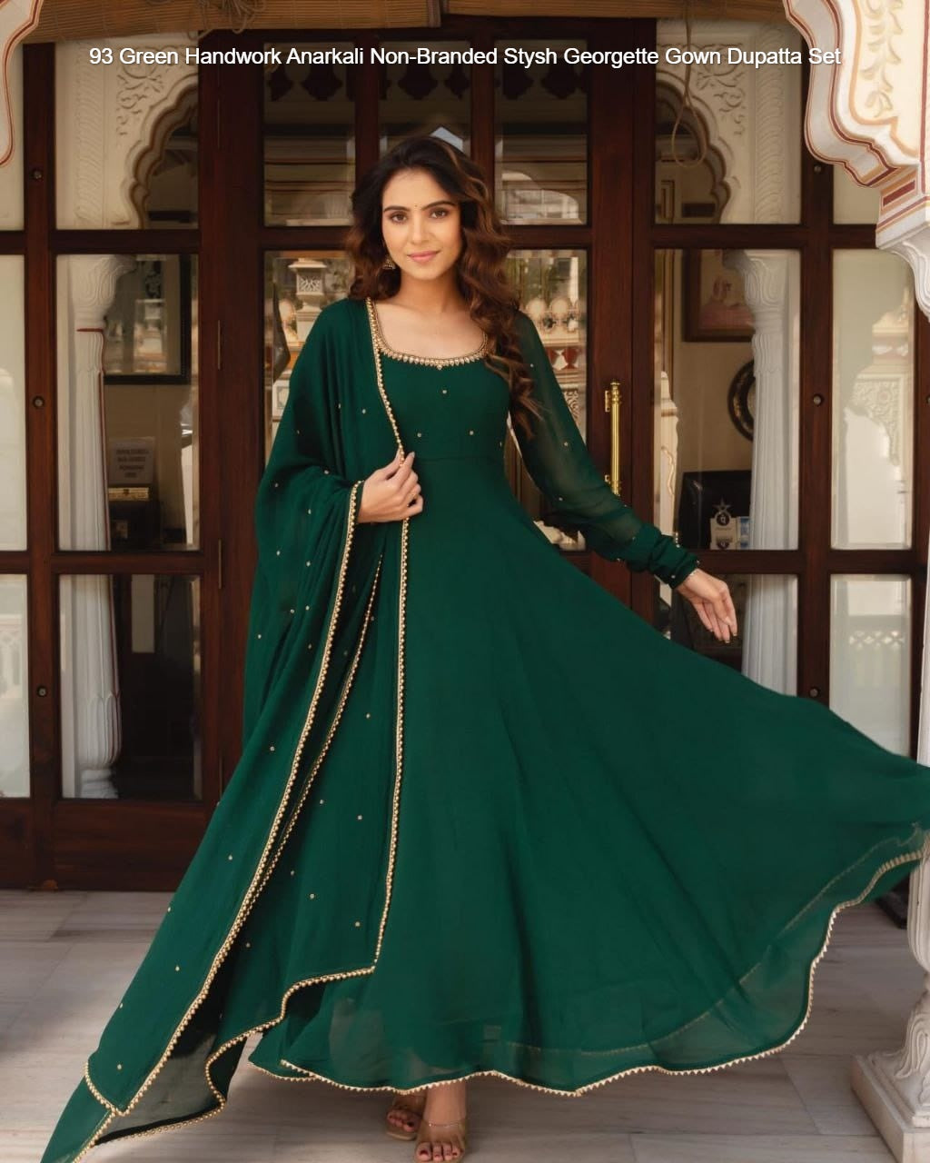 93 Green Handwork Anarkali Non-Branded Stysh Georgette Gown Dupatta Set