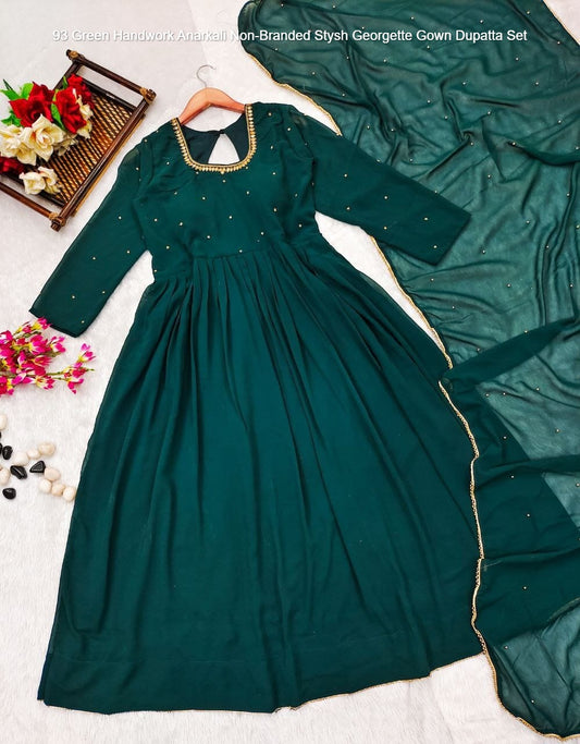 93 Green Handwork Anarkali Non-Branded Stysh Georgette Gown Dupatta Set
