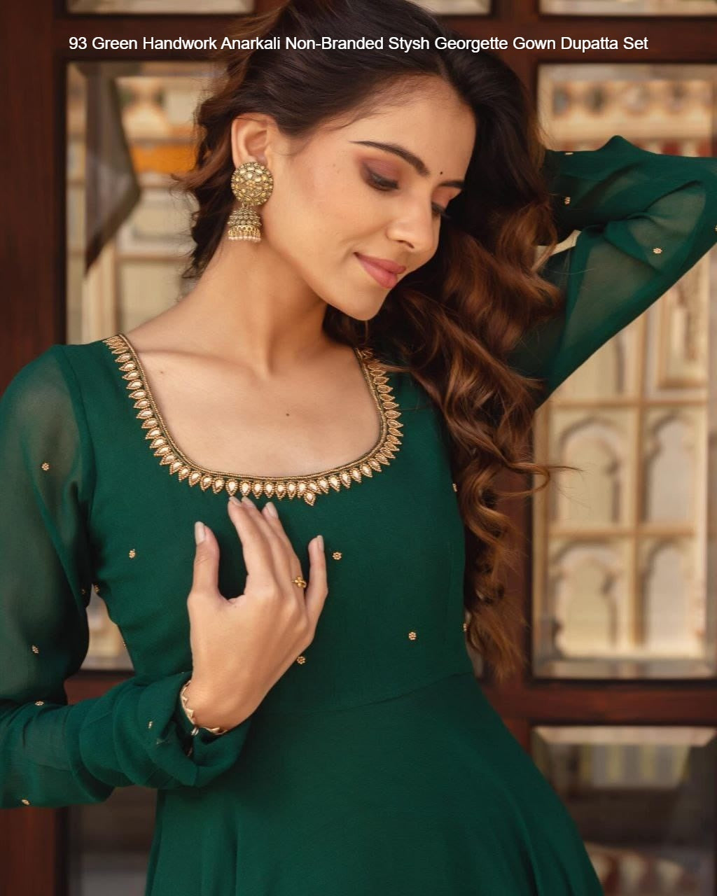 93 Green Handwork Anarkali Non-Branded Stysh Georgette Gown Dupatta Set