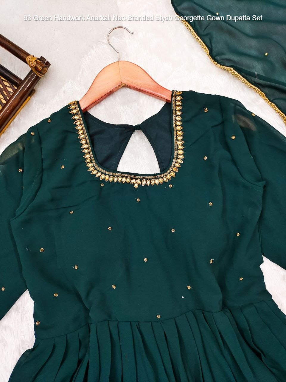 93 Green Handwork Anarkali Non-Branded Stysh Georgette Gown Dupatta Set