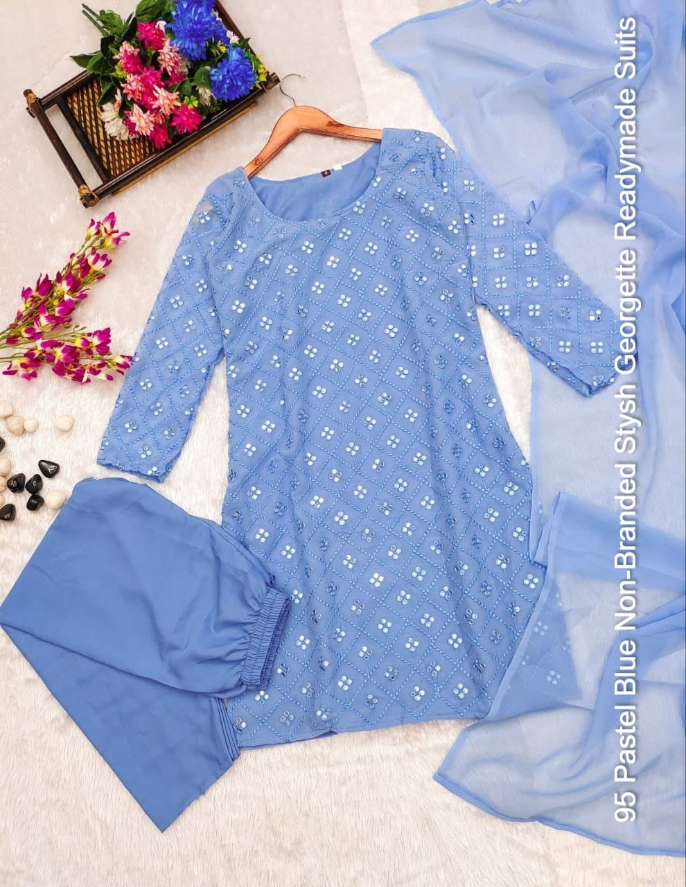 95 Pastel Blue Non-Branded Stysh Georgette Readymade Suits