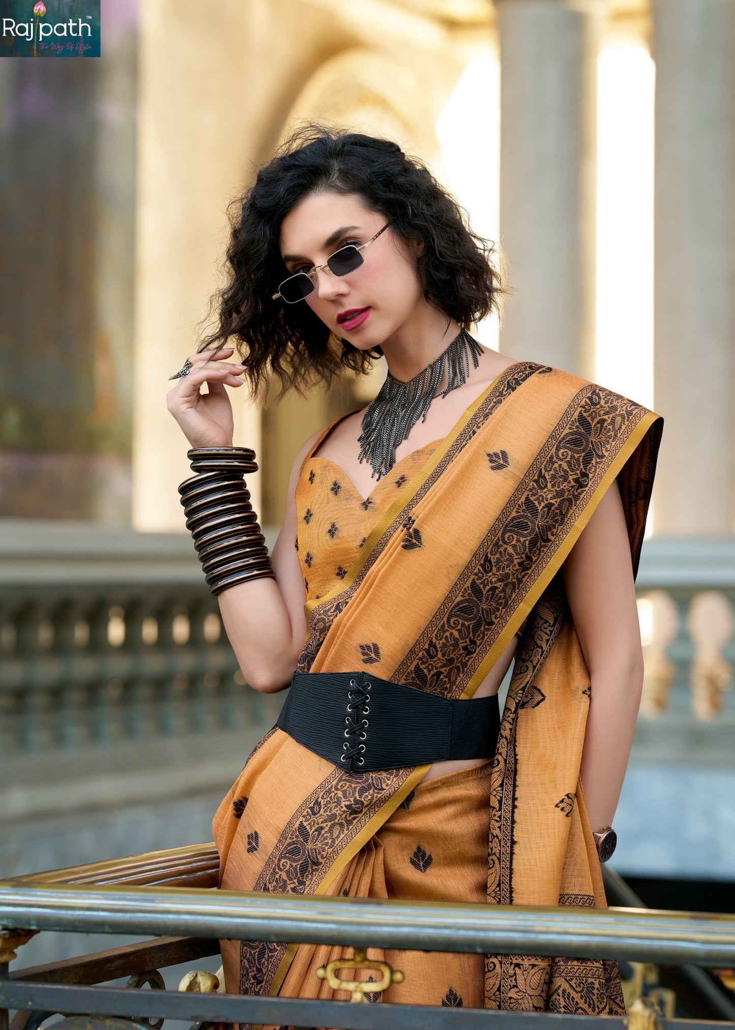 960005 Black Cat Rajpath Tissue Linen Sarees