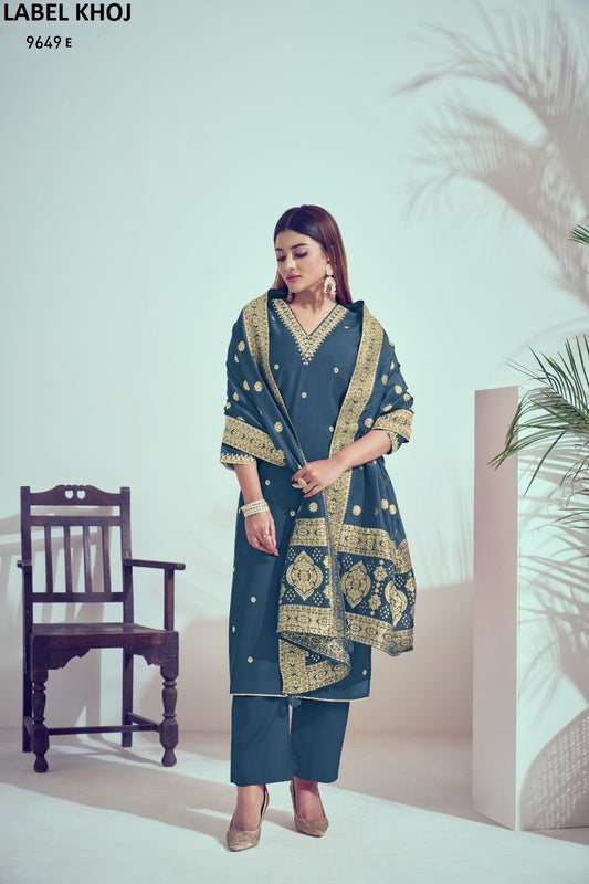 9649E Label Khoj Roman Silk Readymade Suits