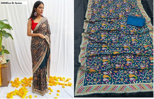 3084Blue Bt Sarees