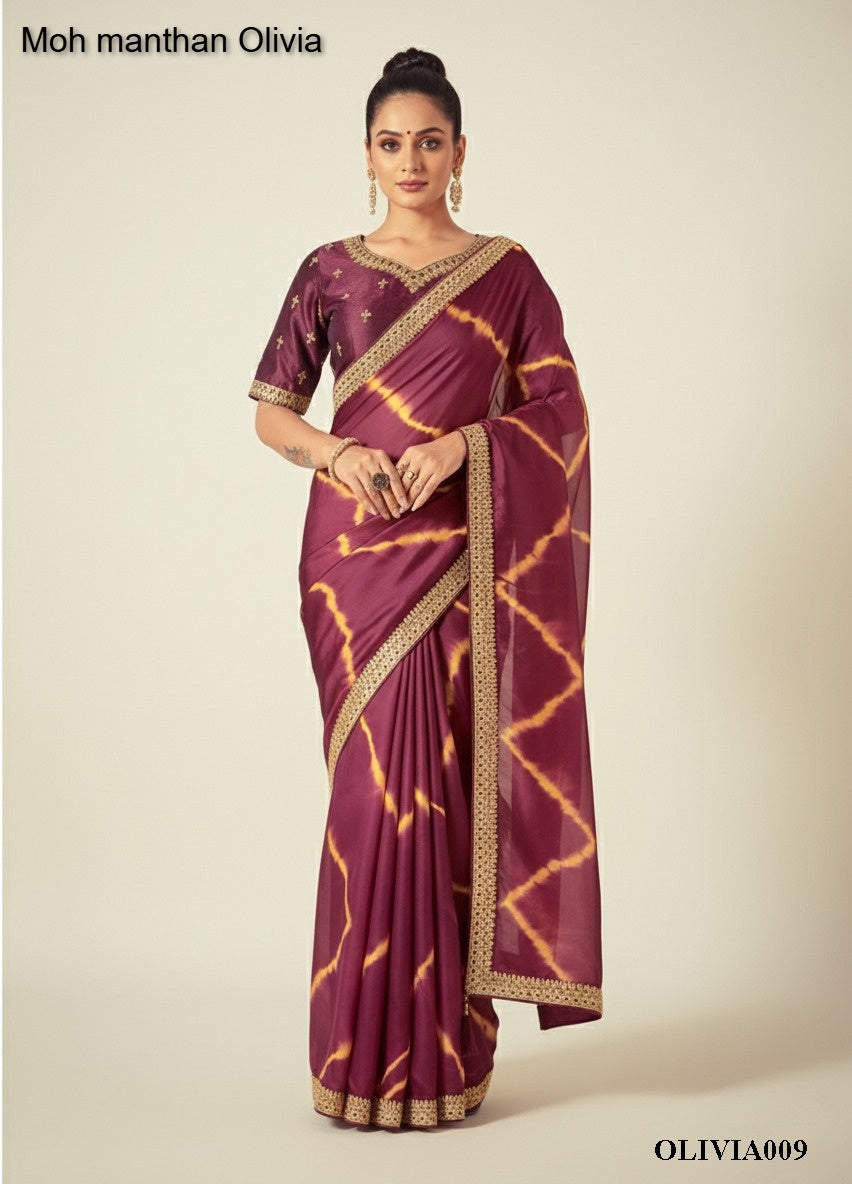A009 Moh Manthan Olivia Mahotsav Silk Satin Crepe Ready To Wear Saree