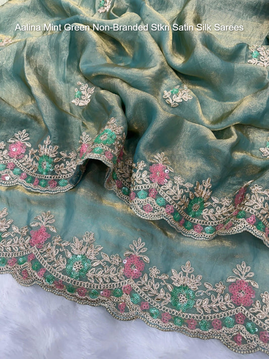 Aalina Mint Green Non-Branded Stkri Satin Silk Sarees