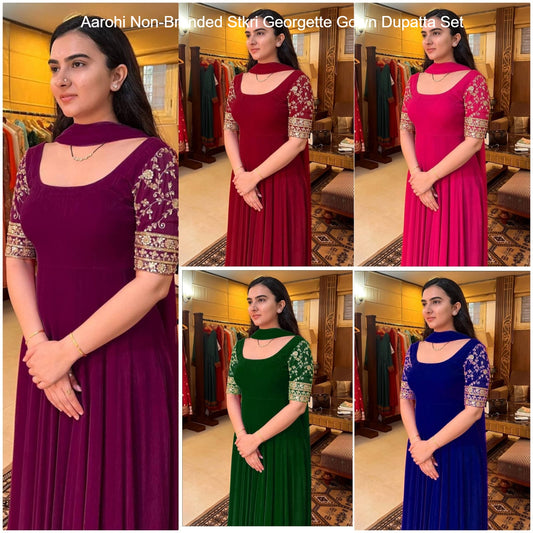 Aarohi Non-Branded Stkri Georgette Gown Dupatta Set