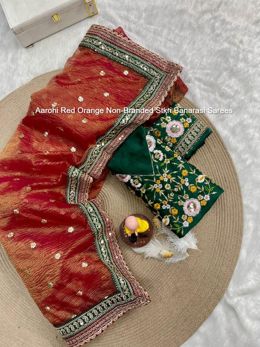 Aarohi Red Orange Non-Branded Stkri Banarasi Sarees