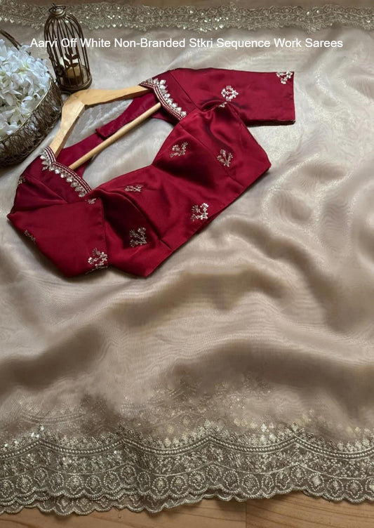 Aarvi Off White Non-Branded Stkri Sequence Work Sarees