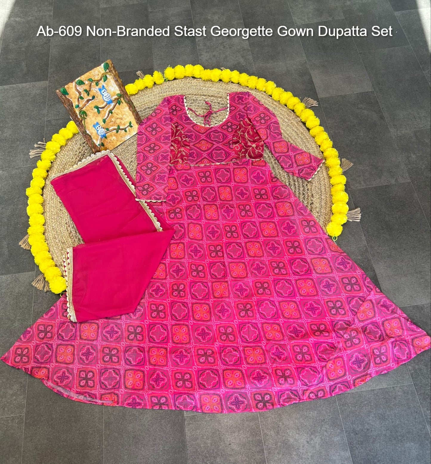 Ab-609 Non-Branded Stast Georgette Gown Dupatta Set