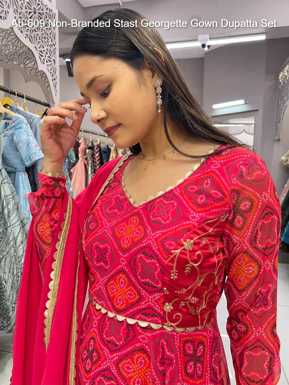 Ab-609 Non-Branded Stast Georgette Gown Dupatta Set