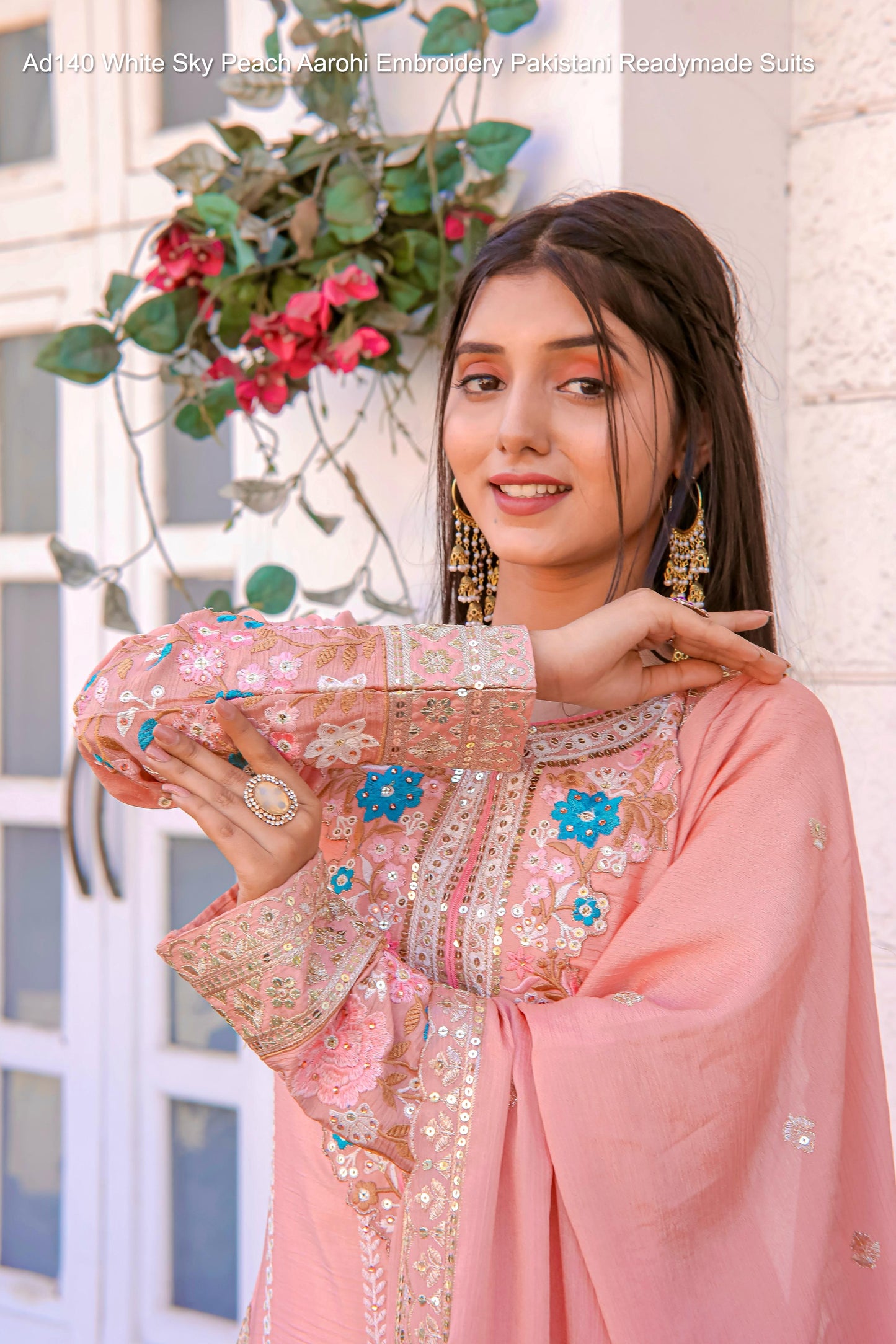Ad140 White Sky Peach Aarohi Embroidery Pakistani Readymade Suits