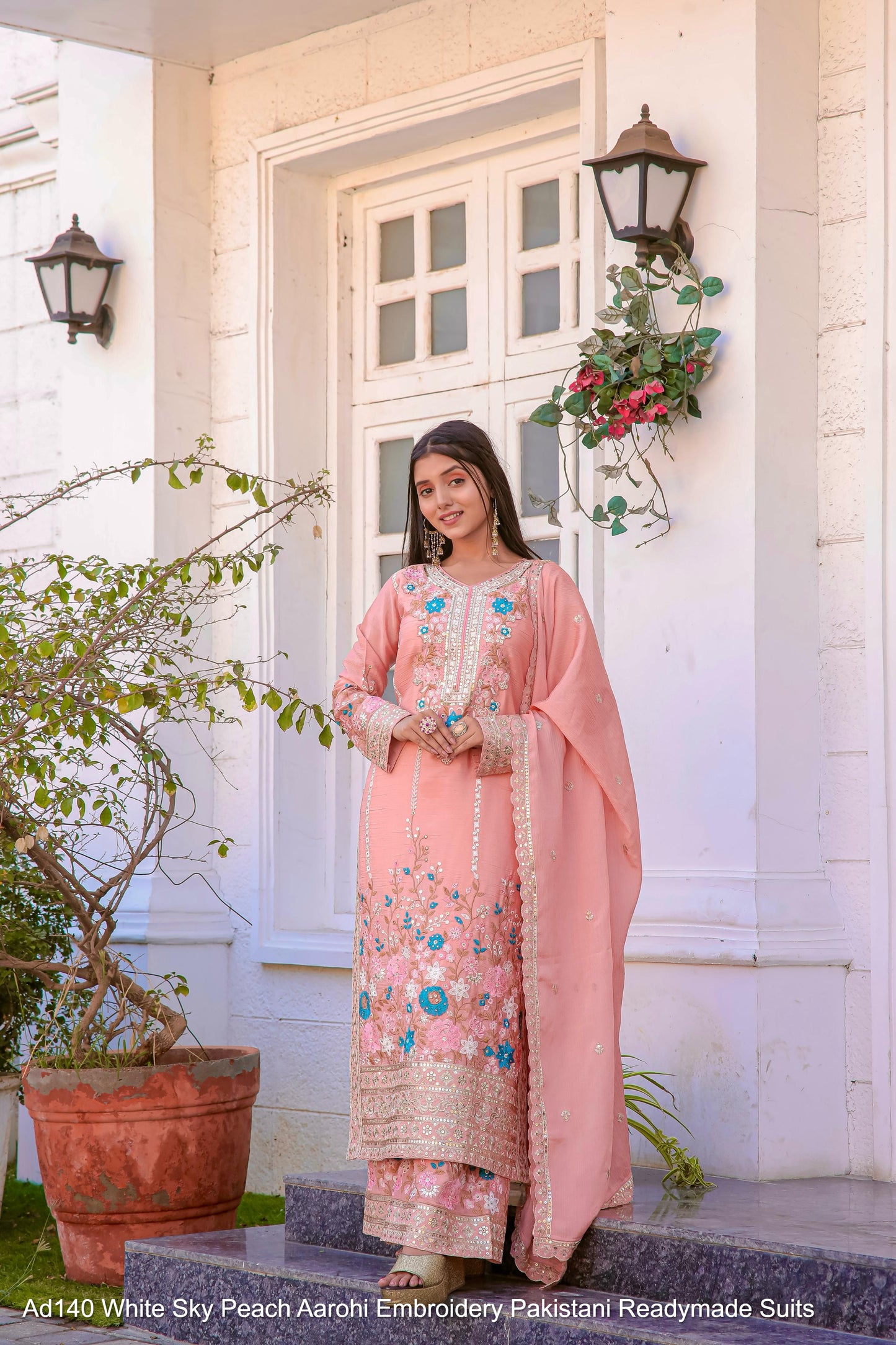 Ad140 White Sky Peach Aarohi Embroidery Pakistani Readymade Suits