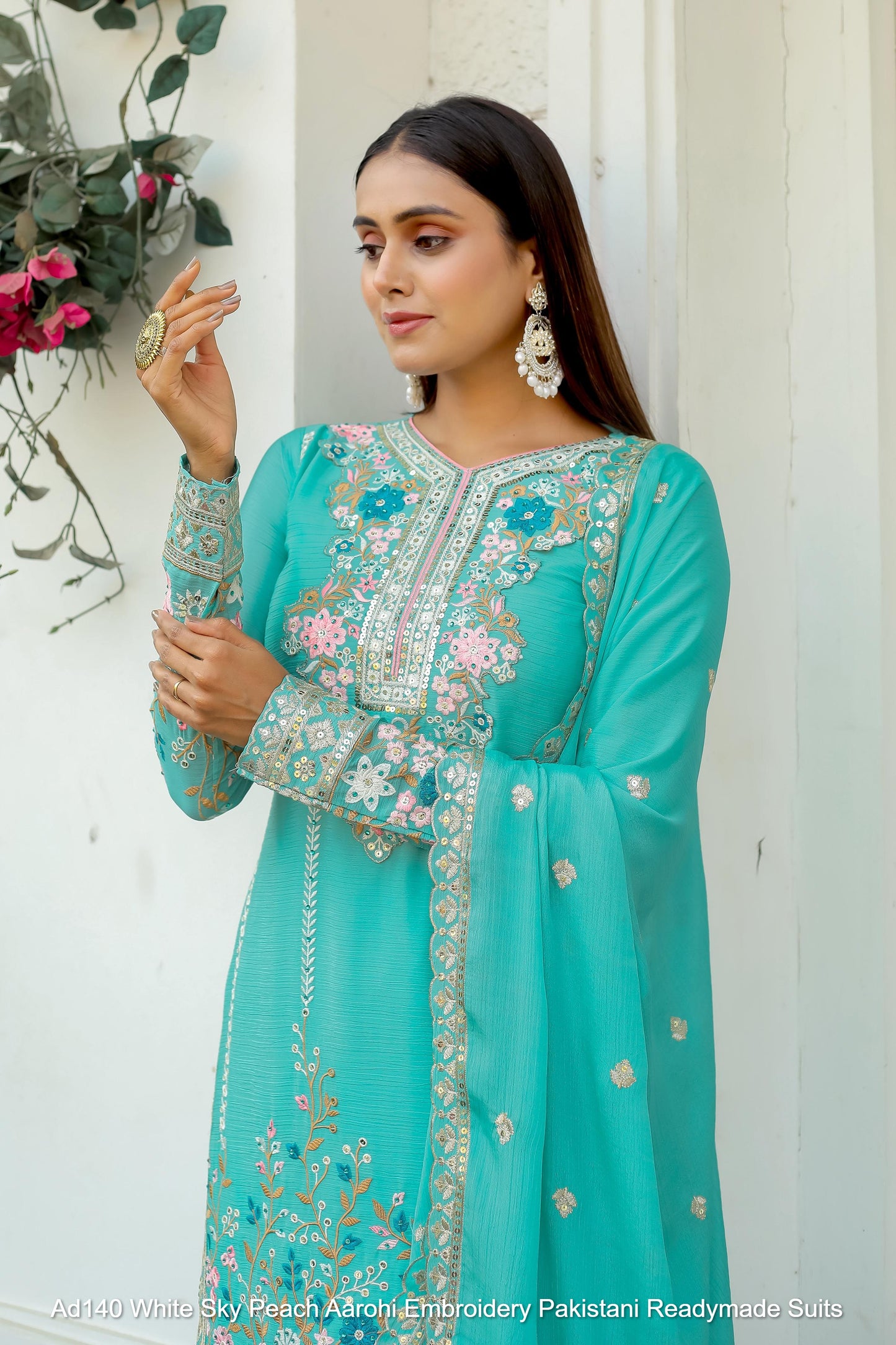Ad140 White Sky Peach Aarohi Embroidery Pakistani Readymade Suits