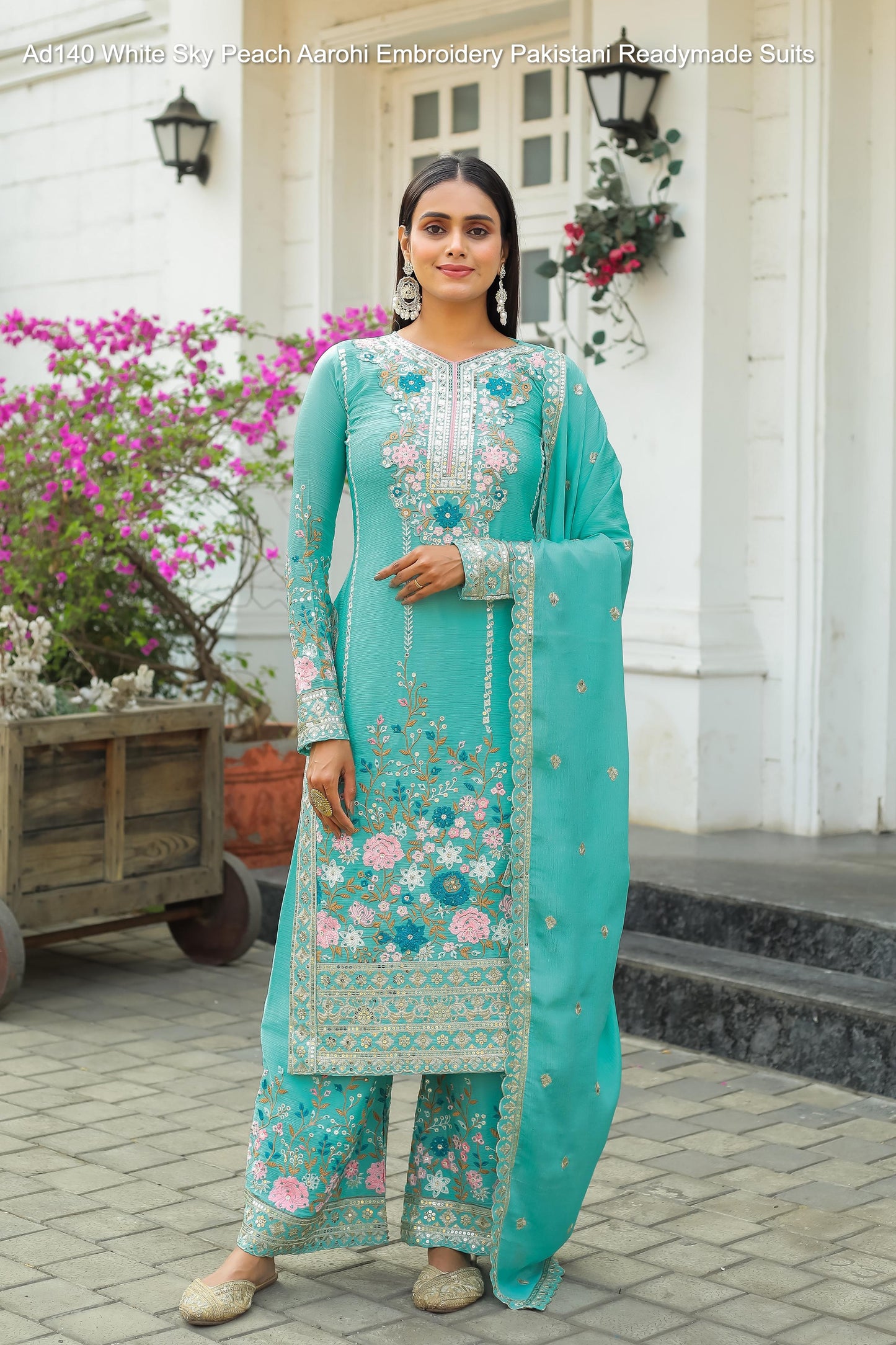 Ad140 White Sky Peach Aarohi Embroidery Pakistani Readymade Suits
