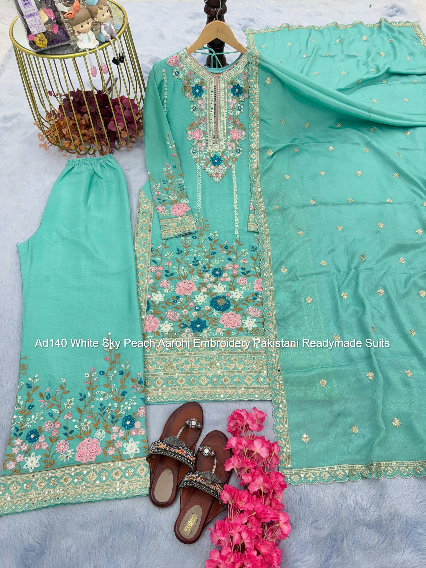 Ad140 White Sky Peach Aarohi Embroidery Pakistani Readymade Suits