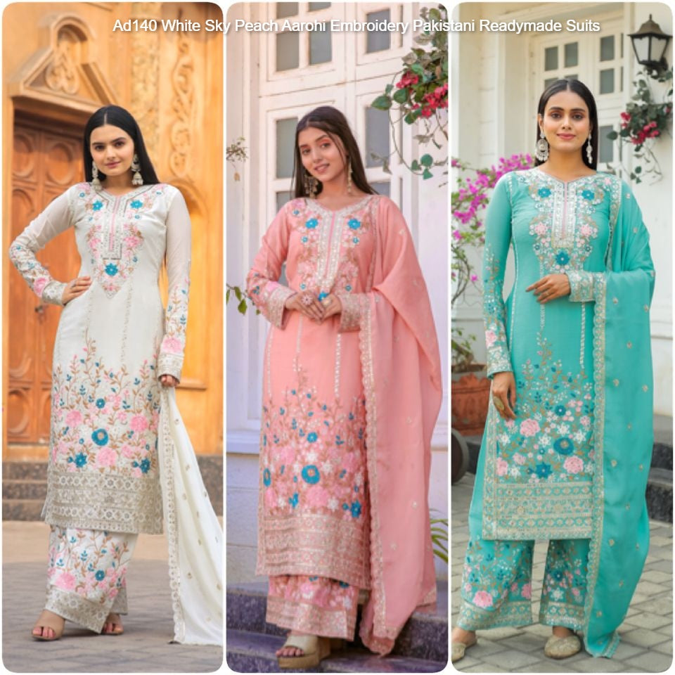 Ad140 White Sky Peach Aarohi Embroidery Pakistani Readymade Suits
