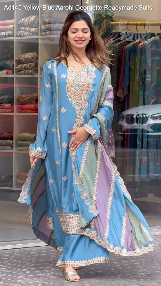 Ad145 Yellow Blue Aarohi Georgette Readymade Suits