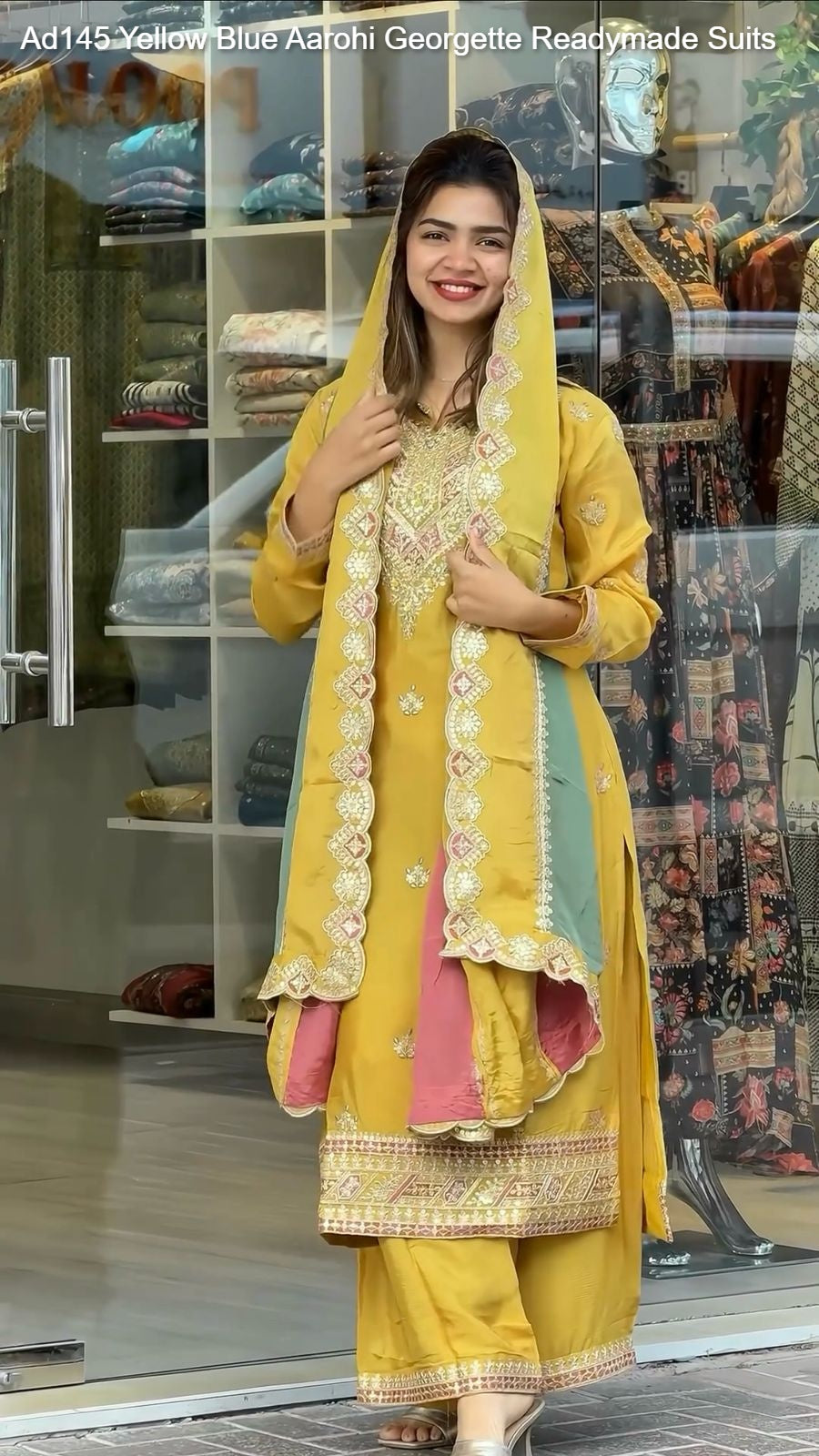 Ad145 Yellow Blue Aarohi Georgette Readymade Suits