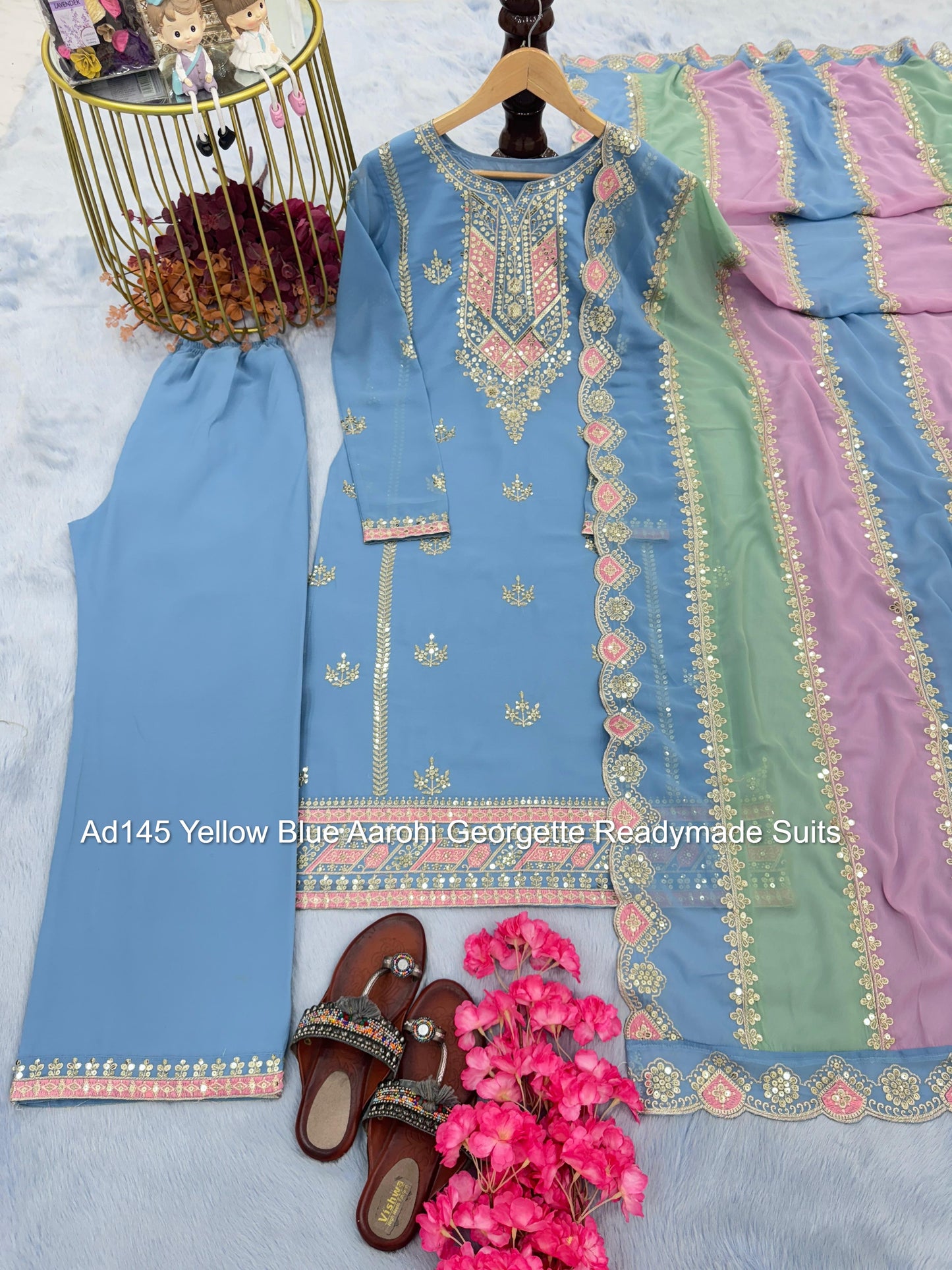 Ad145 Yellow Blue Aarohi Georgette Readymade Suits
