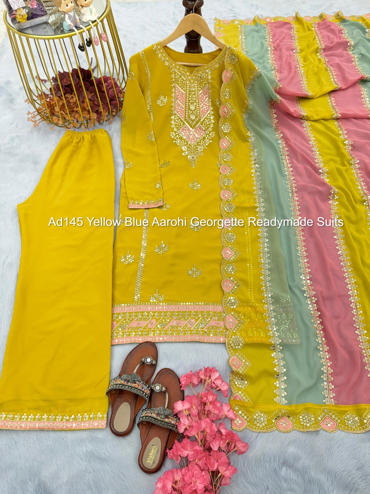 Ad145 Yellow Blue Aarohi Georgette Readymade Suits