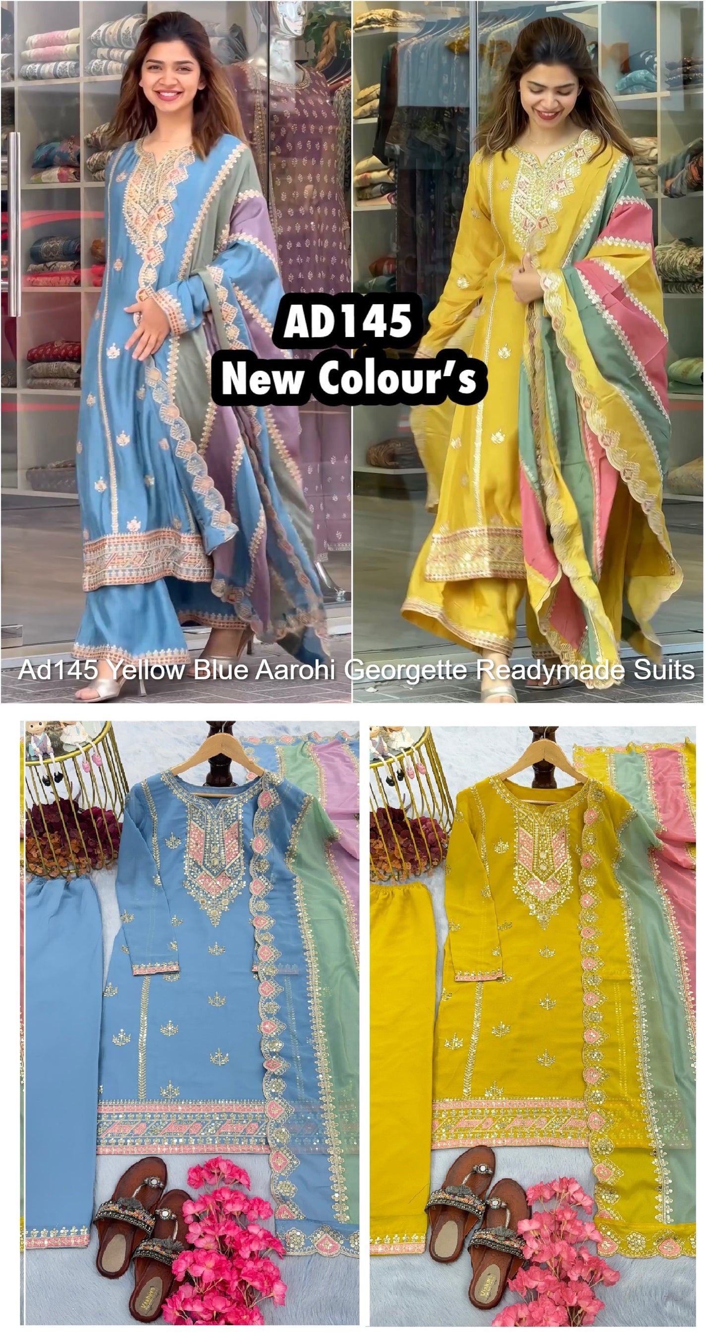 Ad145 Yellow Blue Aarohi Georgette Readymade Suits