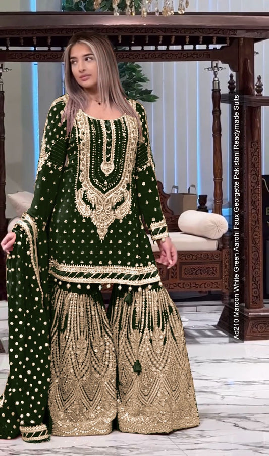 Ad210 Maroon White Green Aarohi Faux Georgette Pakistani Readymade Suits
