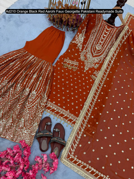 Ad210 Orange Black Red Aarohi Faux Georgette Pakistani Readymade Suits