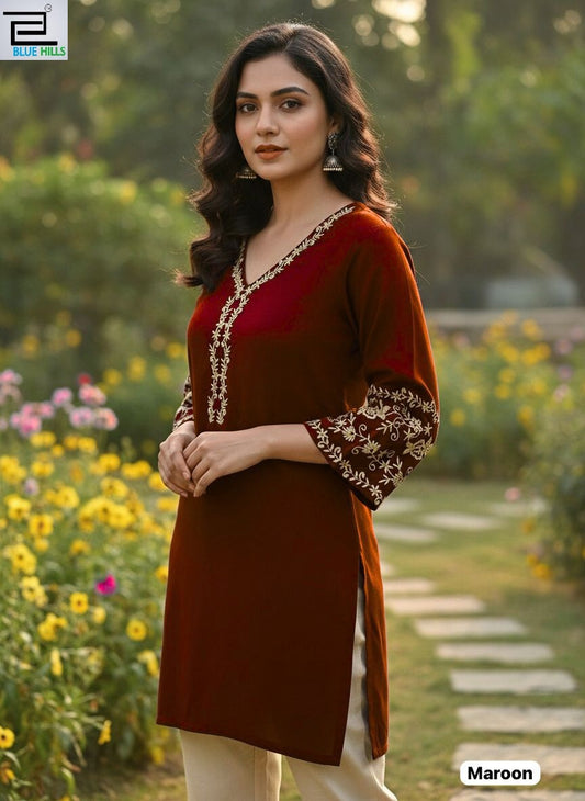 Adda Vol 5 Maroon Bluehills Heavy Rayon Short Kurti