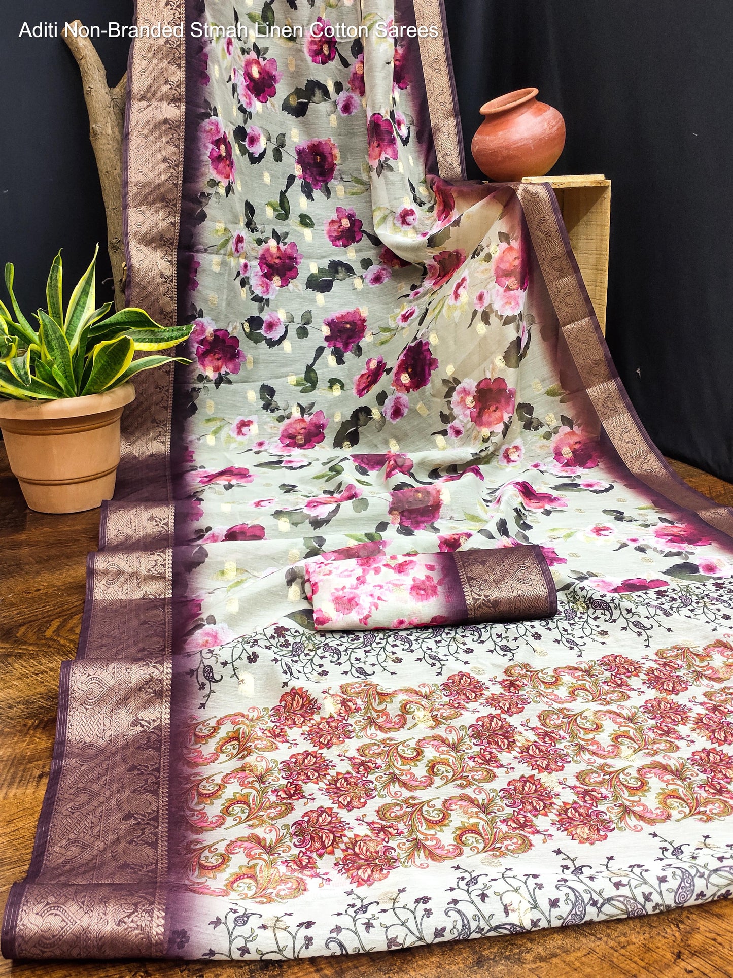 Aditi Non-Branded Stmah Linen Cotton Sarees