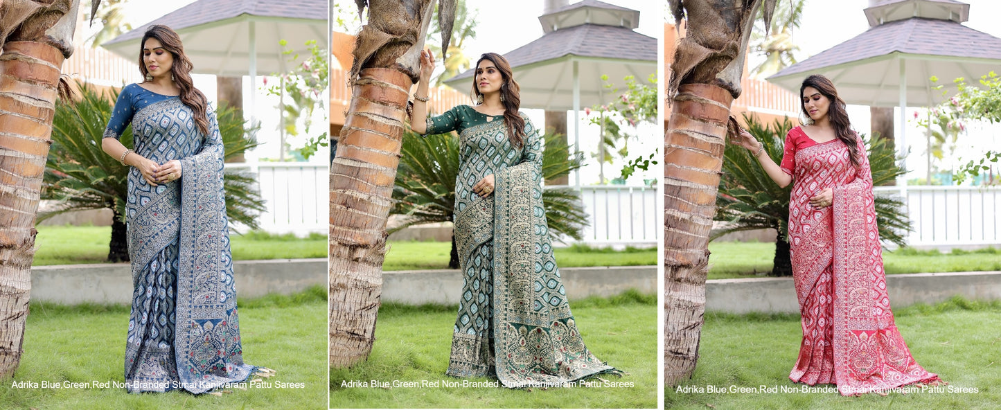 Adrika Blue,Green,Red Non-Branded Stmai Kanjivaram Pattu Sarees