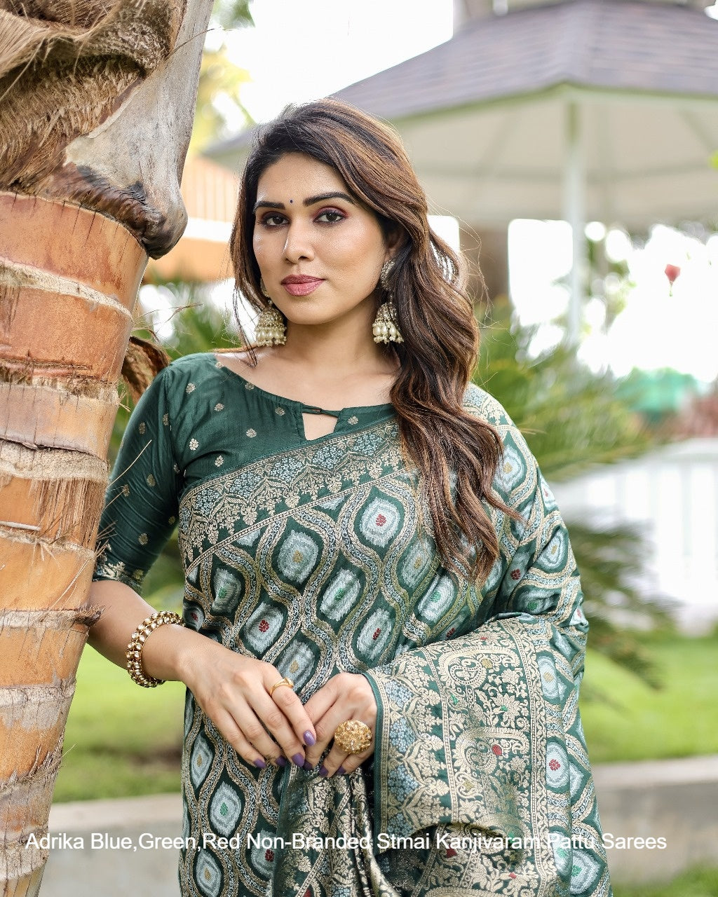 Adrika Blue,Green,Red Non-Branded Stmai Kanjivaram Pattu Sarees