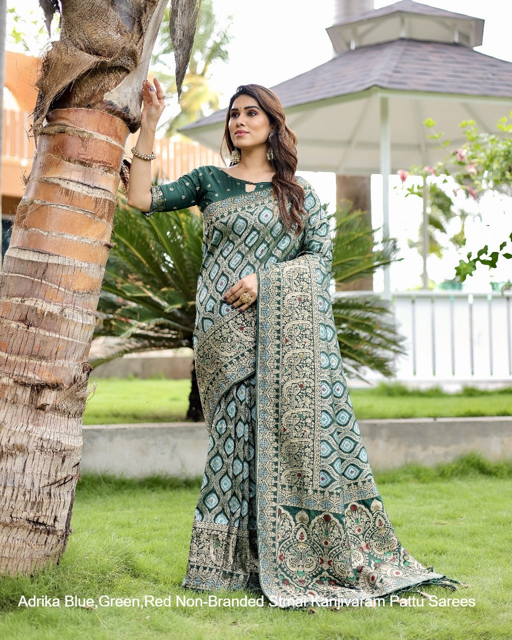 Adrika Blue,Green,Red Non-Branded Stmai Kanjivaram Pattu Sarees