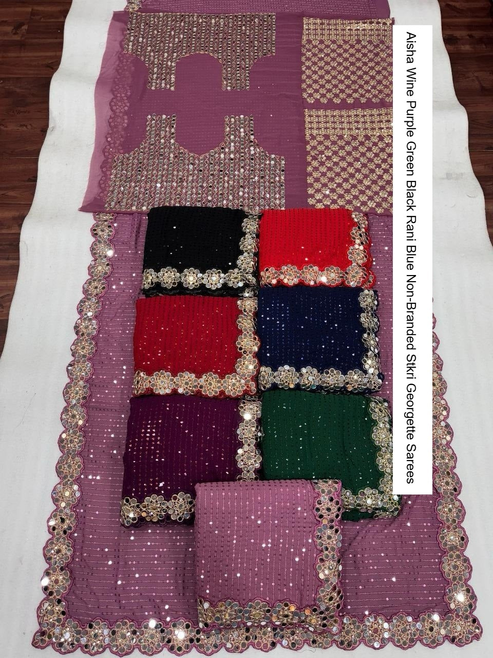Aisha Wine Purple Green Black Rani Blue Non-Branded Stkri Georgette Sarees