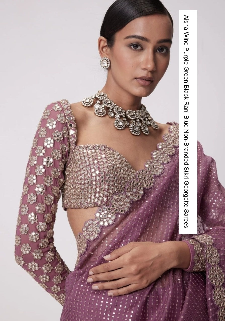 Aisha Wine Purple Green Black Rani Blue Non-Branded Stkri Georgette Sarees