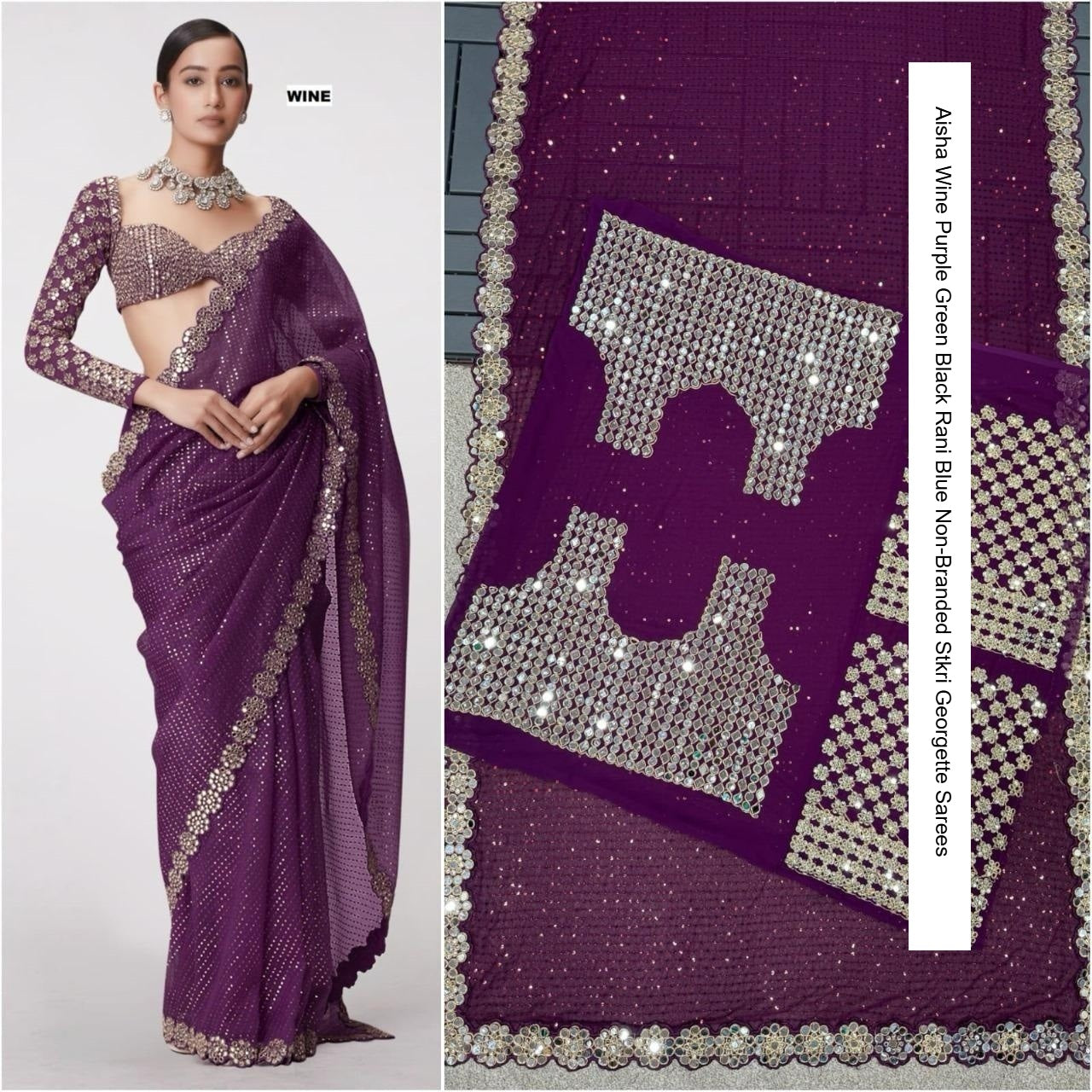 Aisha Wine Purple Green Black Rani Blue Non-Branded Stkri Georgette Sarees